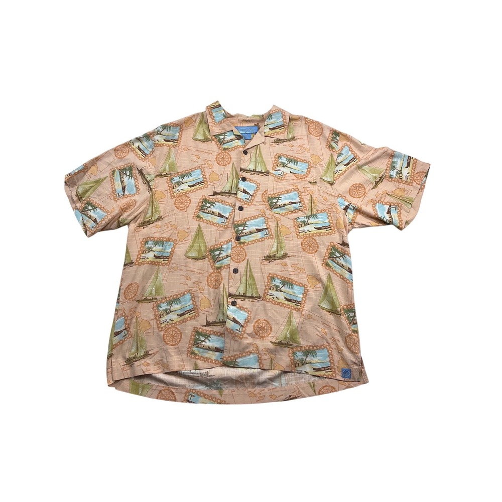 Bermuda Bay Mens XL Silk Hawaiian Shirt Nautical Map Sailboat Tropical Peach
